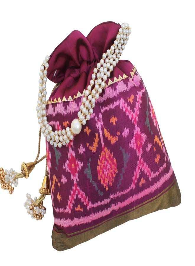 MILAN'S CREATION Pure Patola Silk Potli Single Ikkat/Rajkoti Bag Purse Beautiful Pearl Handle Tassels Women’s Handbag Royal Wedding Festival (Pink) - Image 4